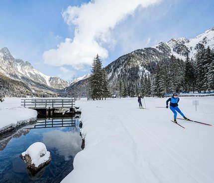 Langläufer unterwegs auf verschneiter Winterlandschaft mit Bergen und Wald