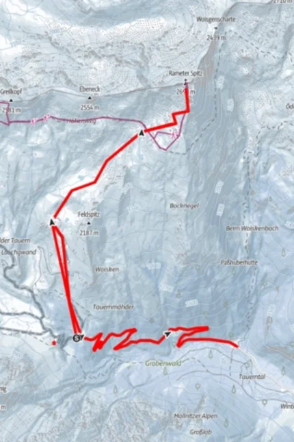 Karte einer Bergwanderroute im Nationalpark Hohe Tauern mit Höhenangaben