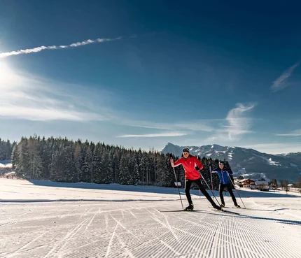 Zwei Langläufer bei sonnigem Winterwetter auf Loipe in Berglandschaft